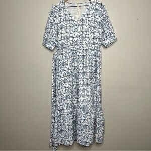 Uncle Frank Women Cottagecore Dress Blue White Floral‎ Tiered Midi Prairie Boho